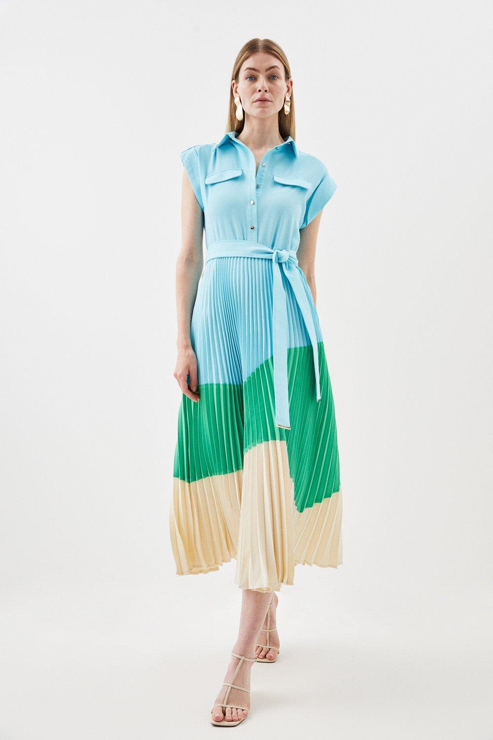 Color Block Pleated Woven Midi Shirt Dress